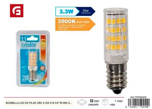[170159410] Bombilla LED de pilar 360 3.3W E14 54*16 mm 3000K - Iluminación y bombillas