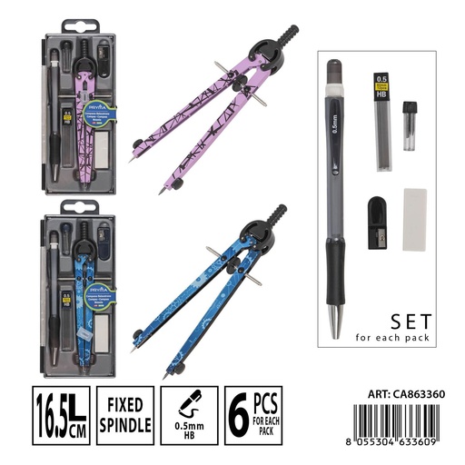 [0236989] Compás escolar 6 piezas 16.5 cm - Herramientas de dibujo y papelería