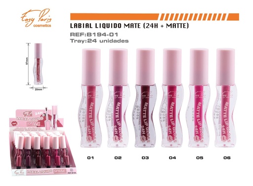 [B194-01]  Líquido Labial Mate Fijo 24u - Brillo labial duradero y mate