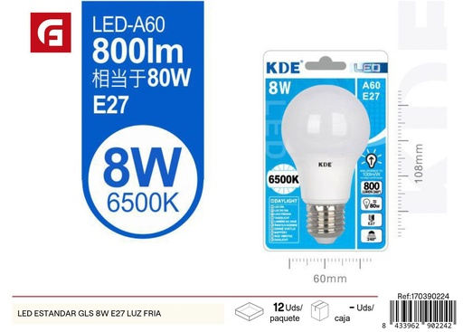 [170390224] Bombilla LED estándar A60 8W E27 luz fría - Iluminación y bombillas