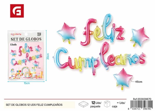 [203939670] Set de globos de cumpleaños tema feliz (12 uds) - Decoración festiva y globos de cumpleaños