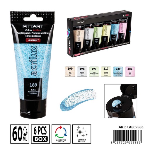 [0239721] Pintura acrílica en tubo 60ml con purpurina - Set de 6 colores para arte