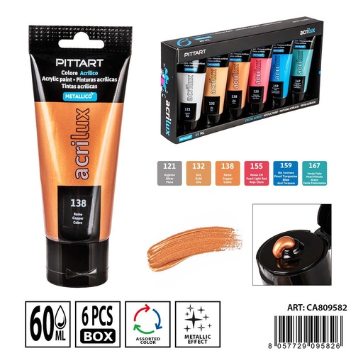[0239720] Pintura acrílica en tubo 60ml metálica - Set de 6 colores para arte