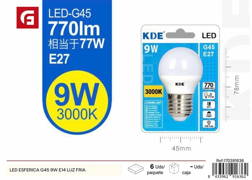 [170391636] Bombilla LED esférica G45 9W E14 luz fría - Iluminación y bombillas LED