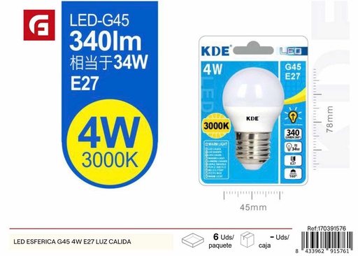 [170391576] Bombilla LED G45 4W E27 luz cálida - Iluminación y bombillas LED