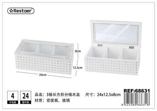 [68631] Caja de madera de densidad con 3 divisiones 24x12.5x8 cm - Almacenamiento y decoración de regalos