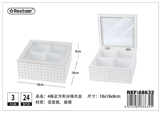 [68632] Caja de madera de densidad con 4 divisiones 18x18x8 cm - Almacenamiento y decoración de regalos