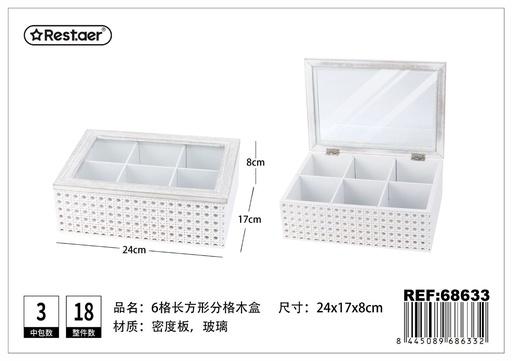 [68633] Caja de madera de densidad con 6 divisiones 24x17x8 cm - Almacenamiento y decoración de regalos