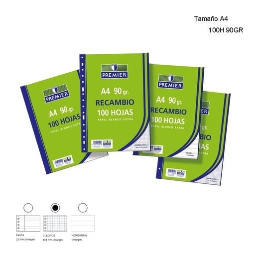 [A000249] Recambio A4 90 gr 100 hojas cuadros 4x4 - Material escolar