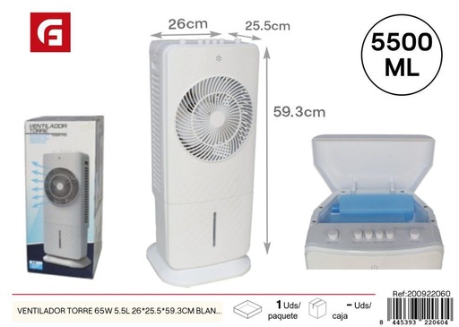 [200922060]  ventilador torre 65W 5.5L 26x25.5x59.3 cm blanco - Ventiladores para verano
