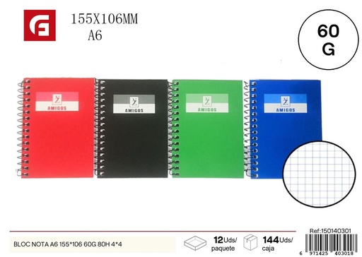 [150140301] Bloque de notas A6 155x106 60g 80H - Papelería y material de oficina
