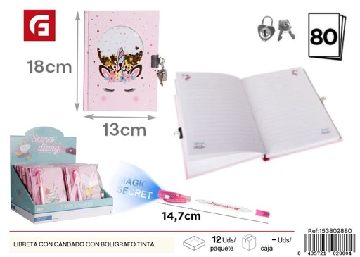 [153802880] Libreta con candado y bolígrafo invisible - Agenda escolar y material de escritura