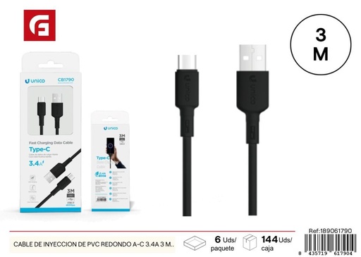[189061790] Cable de inyección de PVC redondo A-C 3.4A 3 metros negro - Accesorios para tecnología