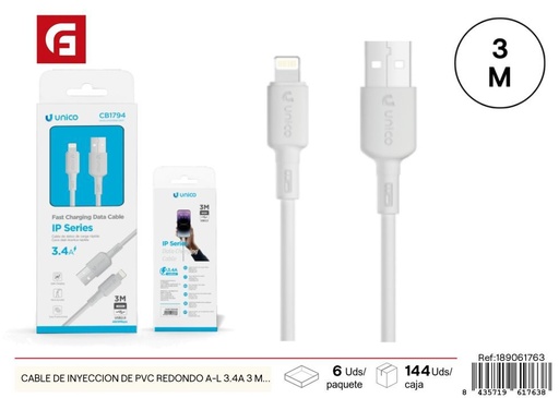 [189061763] Cable de inyección de PVC redondo A-L 3.4A 3 metros blanco - Accesorios para tecnología