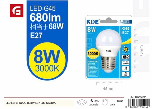 [170391515] Bombilla LED esférica G45 8W E27 luz cálida - Iluminación LED