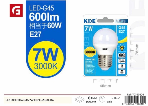 [170390304] Bombilla esférica G45 7W E27 luz cálida - Iluminación LED y bombillas decorativas