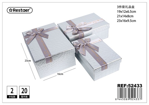 [52433] Set de 3 cajas de regalo rectangulares plateadas 23x16x9.5 cm - Cajas de cartón para regalos