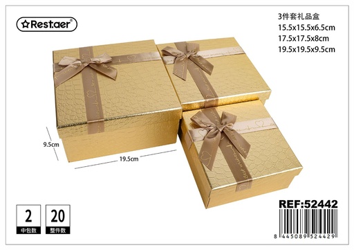[52442] Set de 3 cajas de regalo cuadradas doradas 19.5x19.5x9.5 cm - Cajas de cartón para regalos