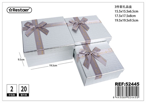 [52445] Set de 3 cajas de regalo cuadradas plateadas 19.5x19.5x9.5 cm - Cajas de cartón para regalos