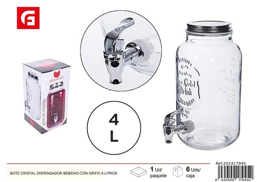 [201417945] Bote de cristal dispensador de bebidas con grifo 4 litros