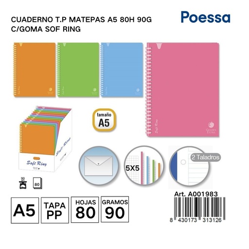 [A001976]  Cuaderno T.P matepas A5 80 hojas 5x5 - Papelería y cuadernos