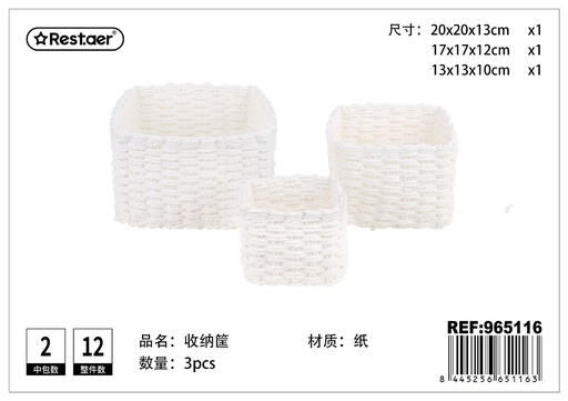 [965116] Cesta multiusos cuadrada blanca (set de 3) - Organización del hogar