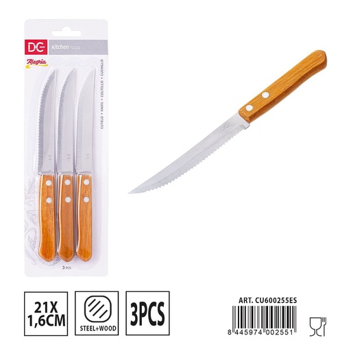 [A001606] Cuchillo con mango de madera 21x1.6 cm 3 piezas - Utensilios de mesa