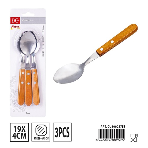[A001608] Cuchara con mango de madera 19x4 cm 3 piezas - Utensilios de mesa