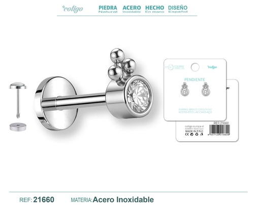 [21660] Pendiente de acero color plateado con cierre de rosca - Joyería práctica y moderna