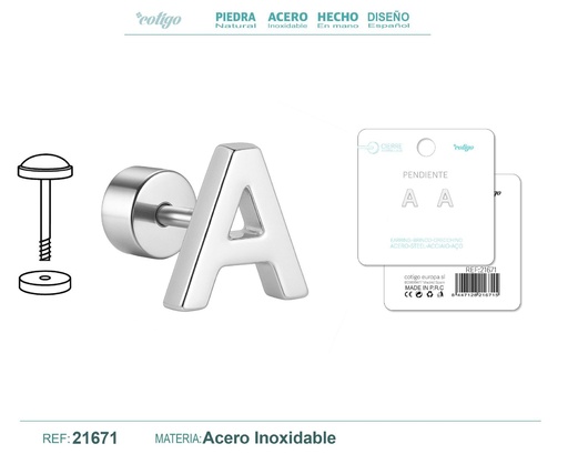 [21671] Pendiente de acero letra A color plateado con cierre de rosca - Joyería personalizada