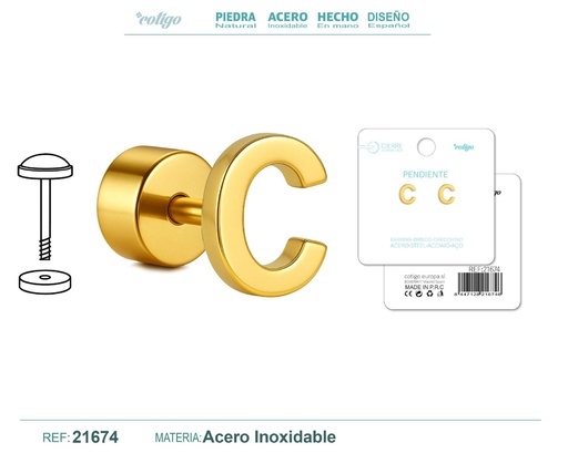 [21674] Pendiente de acero letra C color dorado con cierre de rosca - Joyería personalizada
