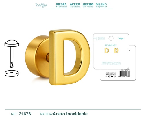 [21676] Pendiente de acero letra D color dorado con cierre de rosca - Joyería personalizada