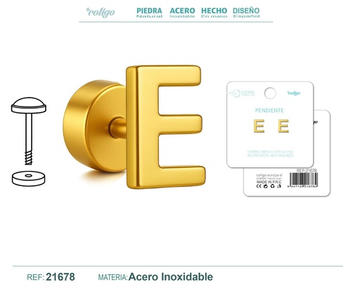 [21678] Pendiente de acero letra E color dorado con cierre de rosca - Joyería personalizada