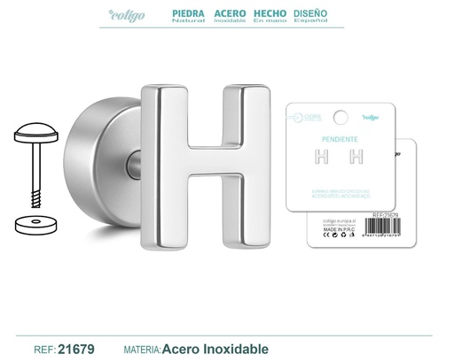 [21679] Pendiente de acero letra H color plateado con cierre de rosca - Joyería personalizada