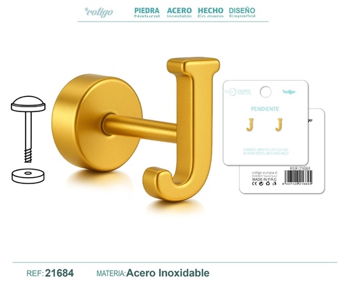 [21684] Pendiente de acero letra J color dorado con cierre de rosca - Joyería personalizada