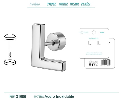 [21685] Pendiente de acero letra L color plateado con cierre de rosca - Joyería personalizada