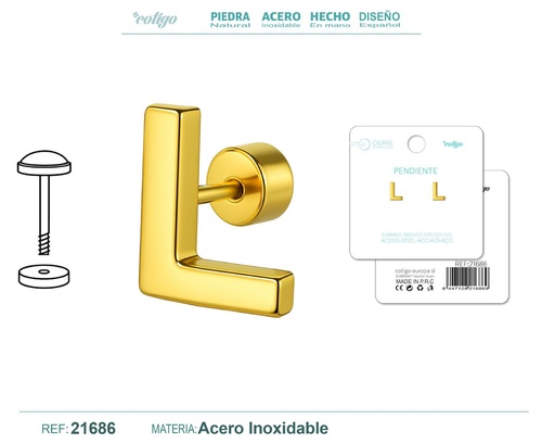 [21686] Pendiente de acero letra L color dorado con cierre de rosca - Joyería personalizada
