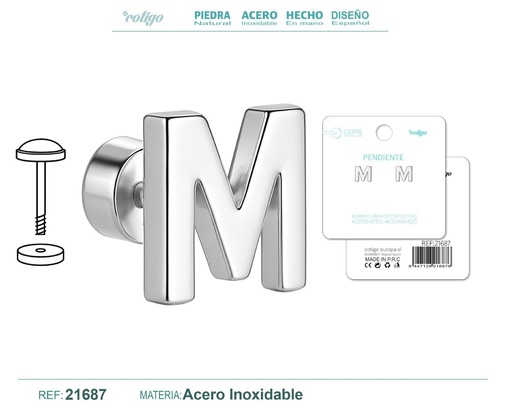 [21687] Pendiente de acero letra M color plateado con cierre de rosca - Joyería personalizada