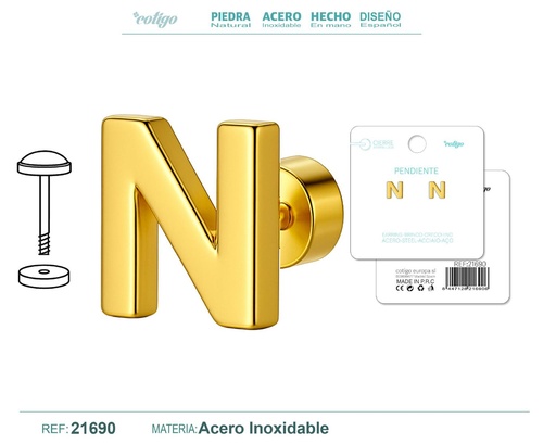 [21690] Pendiente de acero letra N color dorado con cierre de rosca - Joyería personalizada