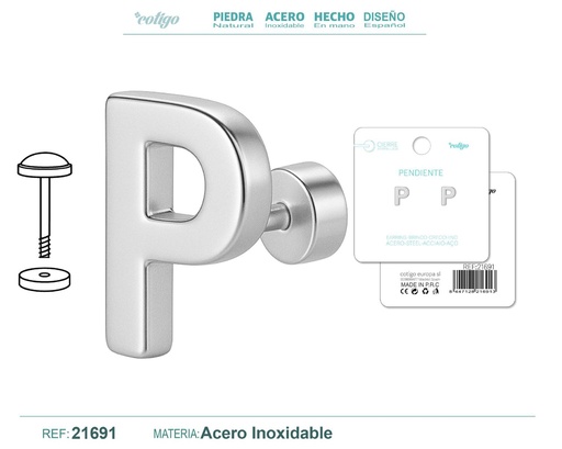 [21691] Pendiente de acero letra P color plateado con cierre de rosca - Joyería personalizada