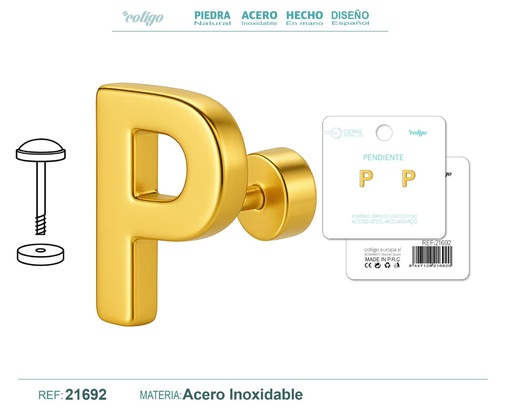 [21692] Pendiente de acero letra P color dorado con cierre de rosca - Joyería personalizada