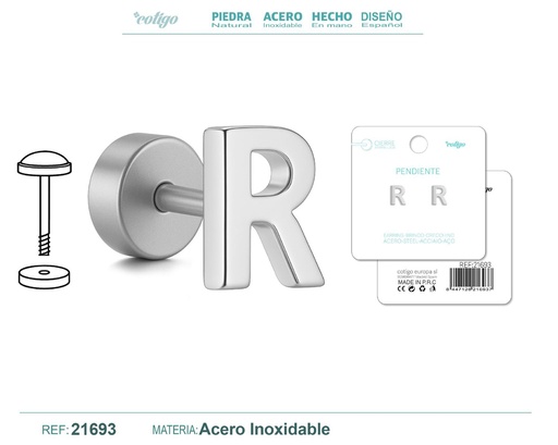[21693] Pendiente de acero letra R color plateado con cierre de rosca - Joyería personalizada