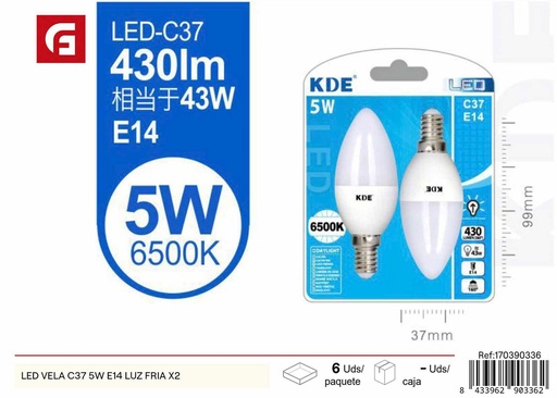 [170390336] Vela LED fría 5W E14 - Bombillas LED C37 pack de 2