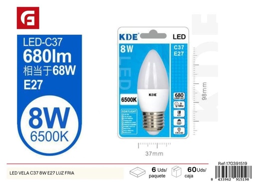 [170391519] Vela LED fría 8W E27 - Bombillas LED C37 eficientes en energía
