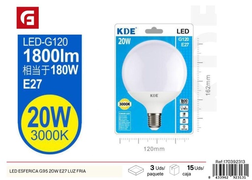 [170392313] Bombilla LED esférica 20W E27 - Luz fría G95 para iluminación eficiente