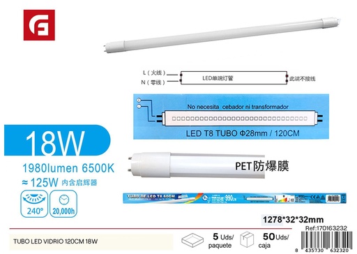 [170163232] Tubo LED de vidrio 120 cm 18W - Iluminación y tubos de luz