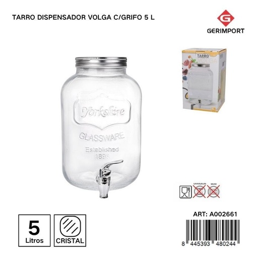 [200948024] Tarro dispensador de vidrio con grifo 5L - Práctico para bebidas y líquidos
