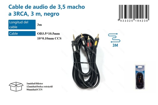 [171019423] Cable de audio de 3.5 macho a 3x RCA 3 m negro - Cables de audio y datos
