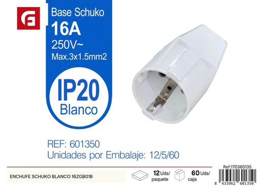 [170360135] Enchufe Schuko blanco 16ZGB01B - Suministros eléctricos y enchufes