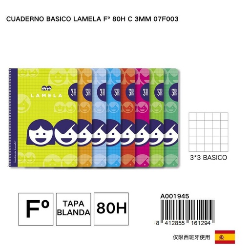 [A001945] Cuaderno cuadrado Fº con espiral 80 hojas 3 mm - Papelería y cuadernos